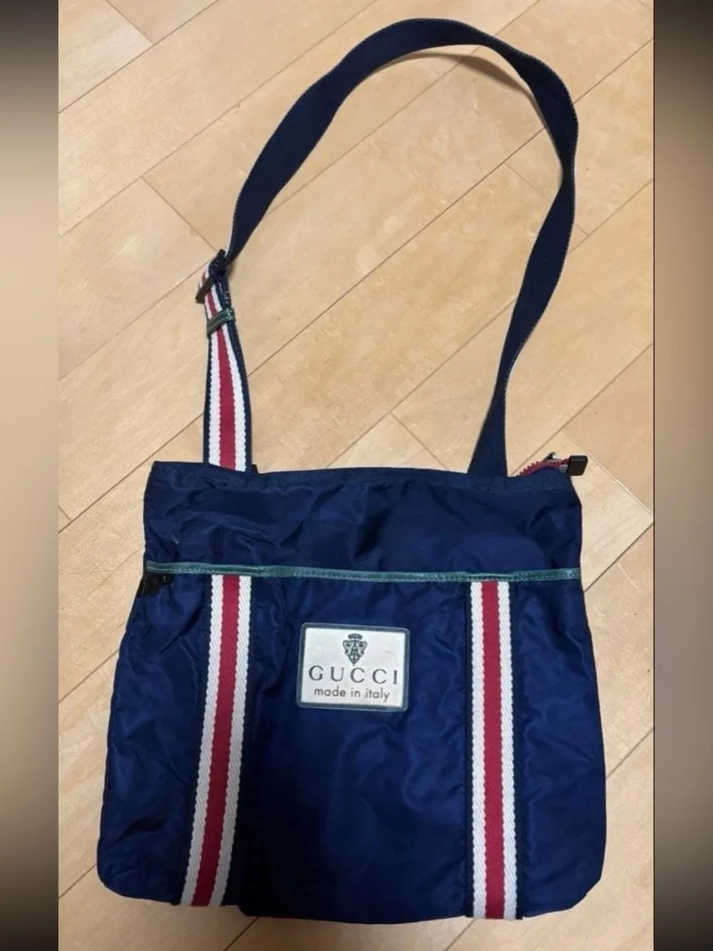 Gucci Navy Crossbody Messenger Bag with Red and White Web Stripes